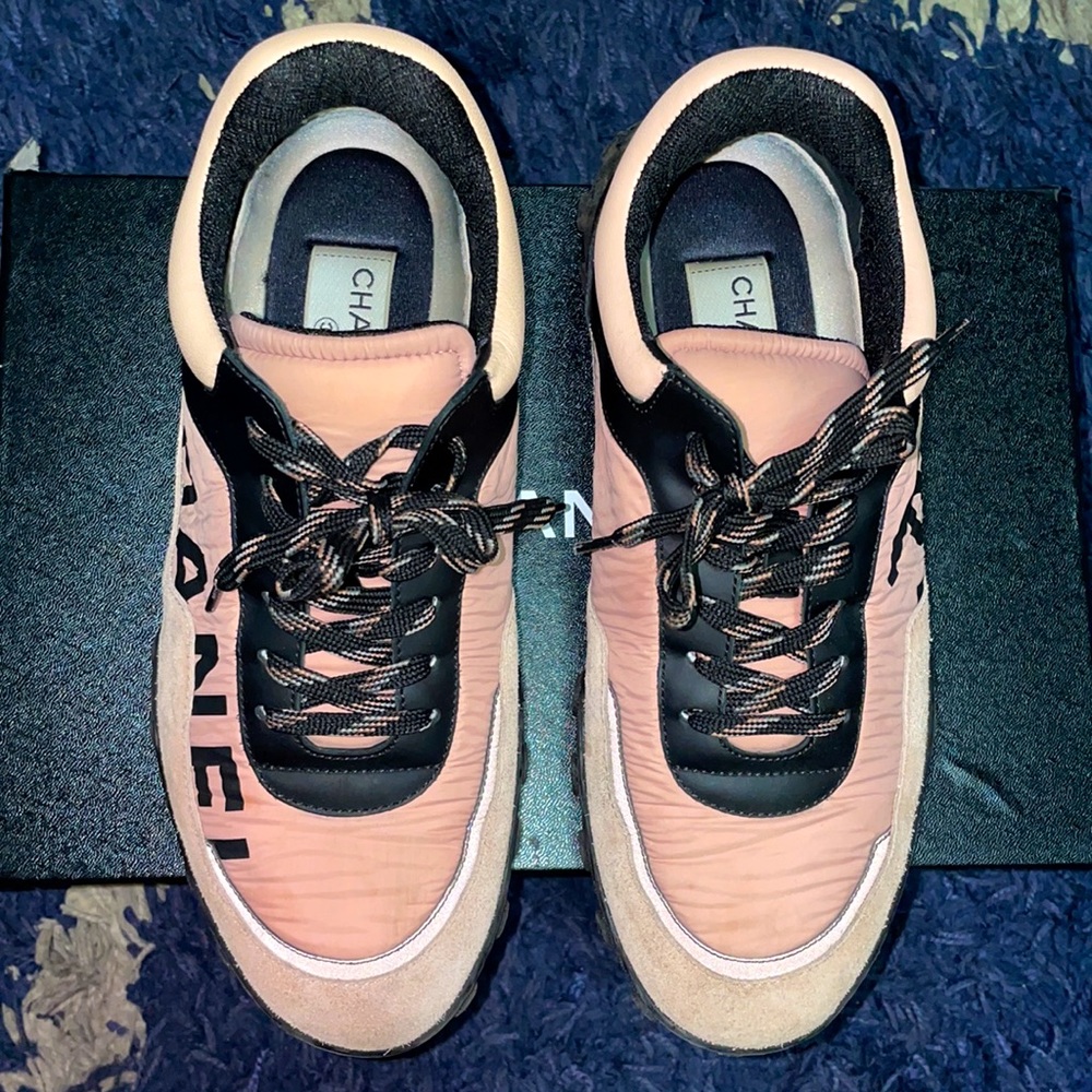 CHANEL Pink & Black Lace-Up Women's Sneakers